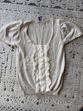 RED Valentino Cream Short Sleeve Ruffle-Front Knit Top